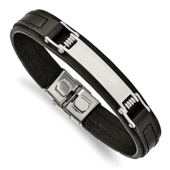 Stainless Steel Black Leather 8.25 inch ID Bracelet- Sparkle & Jade-SparkleAndJade.com 