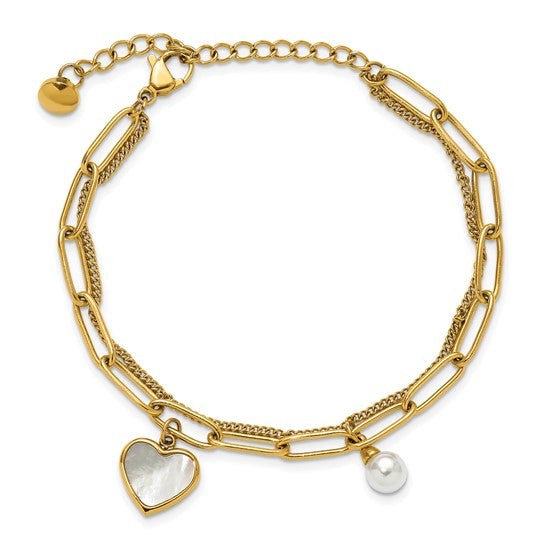 Stainless Steel Gold IP-Plated Mother of Pearl Heart and Pearl Bracelet- Sparkle & Jade-SparkleAndJade.com SRB3222-6.5