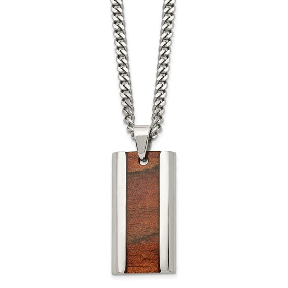 Stainless Steel Koa Wood Inlay Pendant 20 inch Curb Chain Necklace- Sparkle & Jade-SparkleAndJade.com SRN1628-20