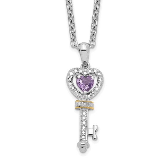 Shey Couture Sterling Silver & 14K Gold Amethyst Heart And Diamond Key Necklace- Sparkle & Jade-SparkleAndJade.com QG2710-17