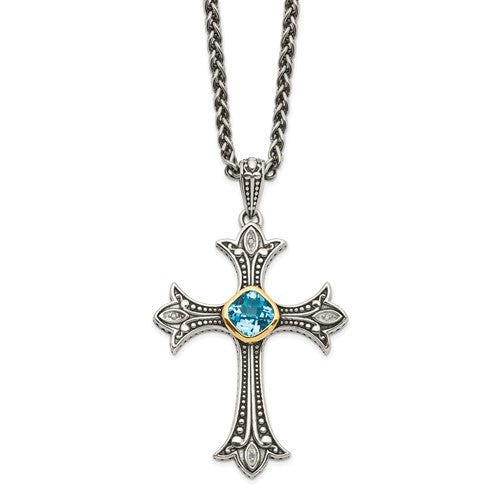 Shey Couture Sterling Silver & 14k Gold Diamond Blue Topaz Cross Necklace- Sparkle & Jade-SparkleAndJade.com QTC804