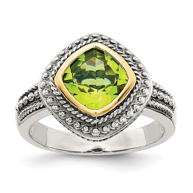 Shey Couture Sterling Silver w/ 14k Gold Accents 8mm Cushion Cut Peridot Ring- Sparkle & Jade-SparkleAndJade.com 