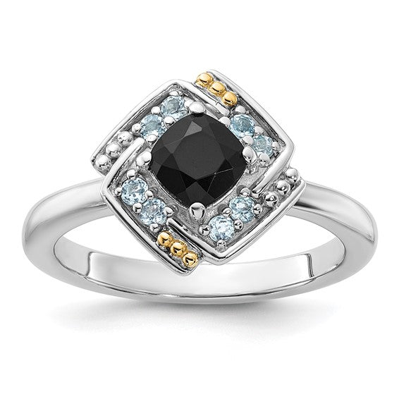 Shey Couture Sterling Silver with 14k Accent Onyx and Swiss Blue Topaz Ring- Sparkle & Jade-SparkleAndJade.com 