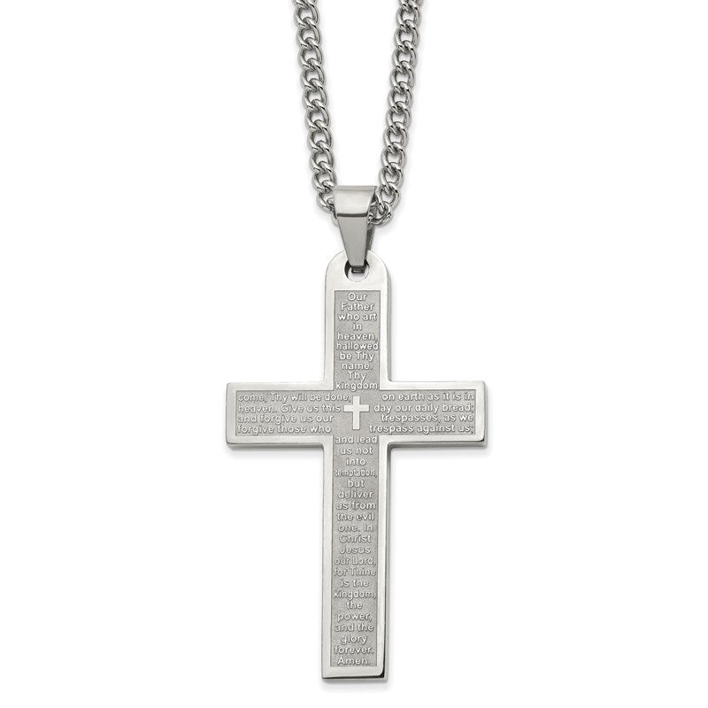 Stainless Steel Lord's Prayer Polished Cross 24" Necklace- Sparkle & Jade-SparkleAndJade.com SRN2804-24