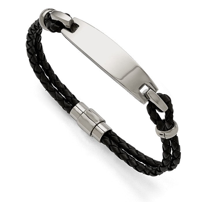 Stainless Steel Polished Engravable ID Black Woven Leather Bracelet- Sparkle & Jade-SparkleAndJade.com SRB1361-8.5