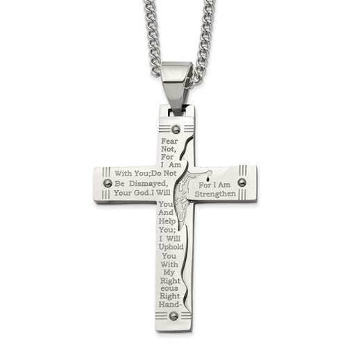 Stainless Steel Polished Etched Isaiah 41:10 Prayer Cross 24" Necklace- Sparkle & Jade-SparkleAndJade.com SRN2805-24