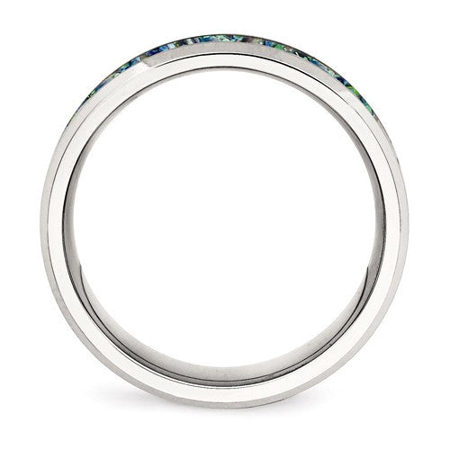 Stainless Steel Polished Finish Blue Opal Inlay 8mm Men's Ring- Sparkle & Jade-SparkleAndJade.com 