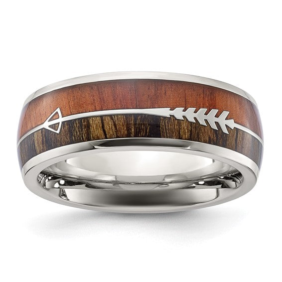 Stainless Steel Polished with Wood Inlay Arrow 8mm Band- Sparkle & Jade-SparkleAndJade.com 