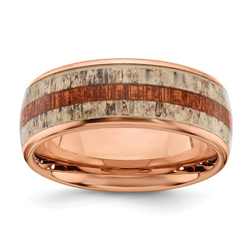 Stainless Steel Rose Gold IP With Wood And Antler Inlay 8mm Band- Sparkle & Jade-SparkleAndJade.com 