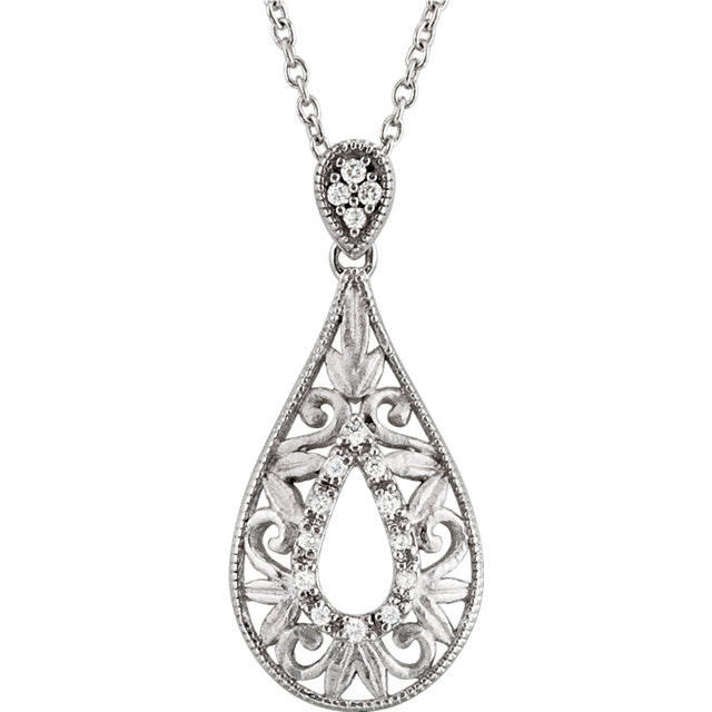 Sterling Silver 1/10 CTW Diamond 18" Teardrop Filigree Necklace- Sparkle & Jade-SparkleAndJade.com 69484:100:P