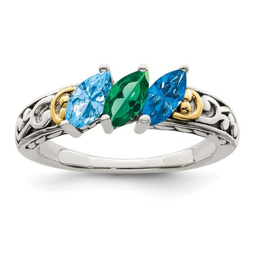 Sterling Silver & 14k Mother's Family Marquise Birthstone Ring- Sparkle & Jade-SparkleAndJade.com QMR17/3SY-5