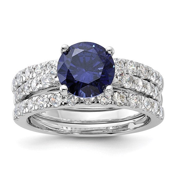 Sterling Silver 3-Piece Blue CZ 8mm Round Wedding Ring Set- Sparkle & Jade-SparkleAndJade.com 