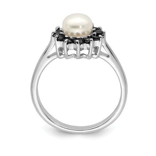 Sterling Silver 6mm Cultured Pearl And Blue Sapphire Halo Ring- Sparkle & Jade-SparkleAndJade.com 