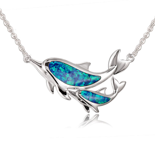 Sterling Silver Alamea Hawaii Blue Opal Dolphin and Baby Calf Necklace- Sparkle & Jade-SparkleAndJade.com 273-31-01