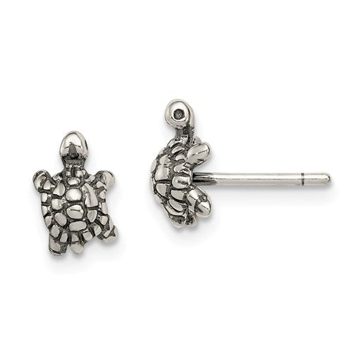 Sterling Silver And Antiqued Turtle Post Earrings- Sparkle & Jade-SparkleAndJade.com QE11808