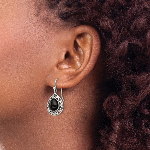 Sterling Silver Antiqued Finish Filigree Onyx Pear Dangle Earrings- Sparkle & Jade-SparkleAndJade.com QE9376
