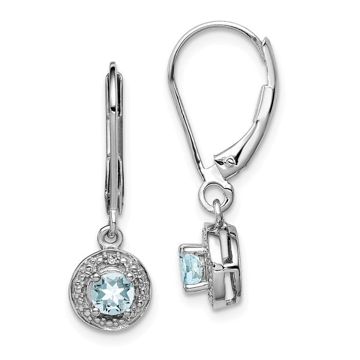 Sterling Silver Aquamarine and Diamond Halo-Style Leverback Earrings- Sparkle & Jade-SparkleAndJade.com QBE11MAR