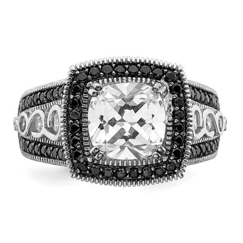 Sterling Silver Black And White CZ Cushion Halo Engagement Ring- Sparkle & Jade-SparkleAndJade.com 