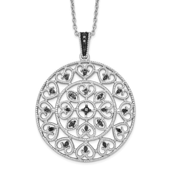Sterling Silver Black Diamond Filigree Circle Pendant Necklace- Sparkle & Jade-SparkleAndJade.com QP3810