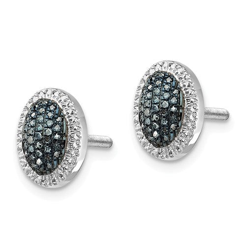 Sterling Silver Blue And White Diamond Oval Screwback Earrings- Sparkle & Jade-SparkleAndJade.com QE12916