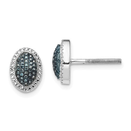 Sterling Silver Blue And White Diamond Oval Screwback Earrings- Sparkle & Jade-SparkleAndJade.com QE12916