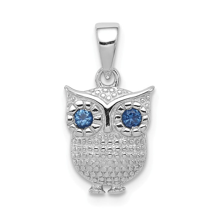 Sterling Silver Blue Created Sapphire Owl Pendant- Sparkle & Jade-SparkleAndJade.com QC8933