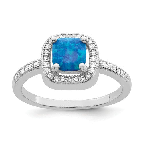 Sterling Silver Blue Cushion Square Created Opal and CZ Halo Ring- Sparkle & Jade-SparkleAndJade.com 
