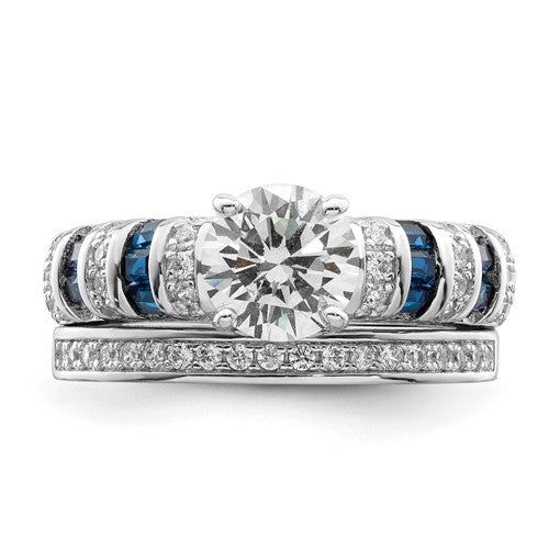 Sterling Silver Blue and White CZ Engagement Ring and Band Set- Sparkle & Jade-SparkleAndJade.com 