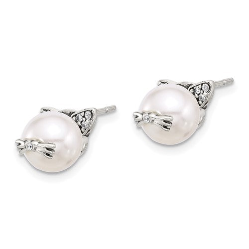 Sterling Silver CZ and Synthetic Pearl Cat Post Earrings- Sparkle & Jade-SparkleAndJade.com QE17583