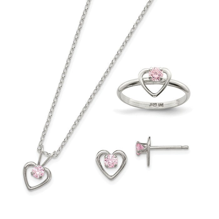 Sterling Silver Children's Pink CZ 15" Necklace, Earrings & Ring Set- Sparkle & Jade-SparkleAndJade.com QST247SET