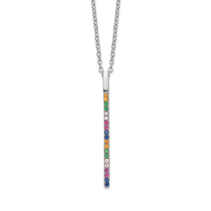 Sterling Silver Colorful Rainbow CZ Vertical Bar 16" Necklace- Sparkle & Jade-SparkleAndJade.com QG5049-16