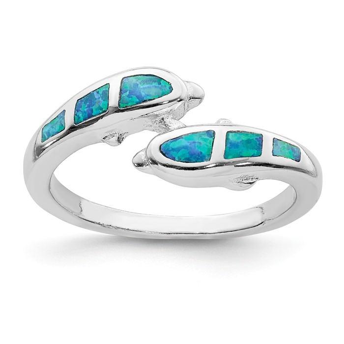Sterling Silver Created Blue Opal Dolphins Ring- Sparkle & Jade-SparkleAndJade.com 