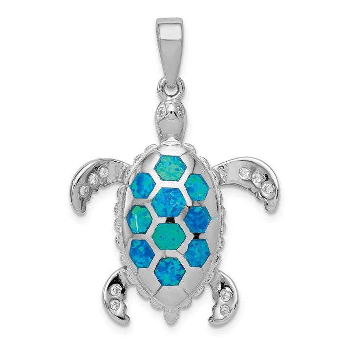 Sterling Silver Created Blue Opal Inlay & CZ Sea Turtle Tortoise Pendant- Sparkle & Jade-SparkleAndJade.com QP1892