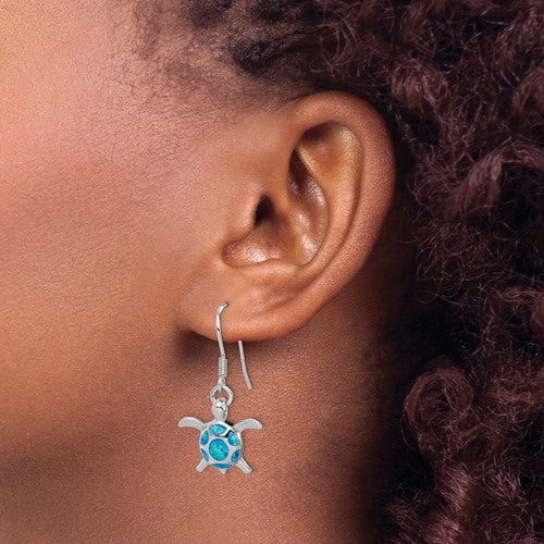 Sterling Silver Created Blue Opal Turtle Dangle Earrings- Sparkle & Jade-SparkleAndJade.com QE12599