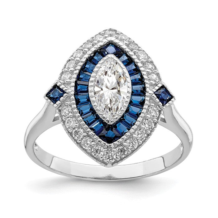 Sterling Silver Created Blue Spinel And CZ Marquise Halo Ring- Sparkle & Jade-SparkleAndJade.com 