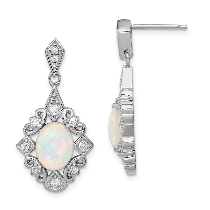 Sterling Silver Created Opal Oval And CZ Dangle Post Earrings- Sparkle & Jade-SparkleAndJade.com QE4965
