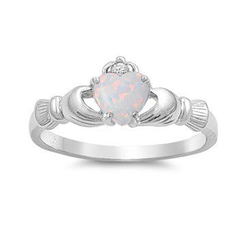 Sterling Silver Created White Opal Heart Claddagh Crown Ring- Sparkle & Jade-SparkleAndJade.com 