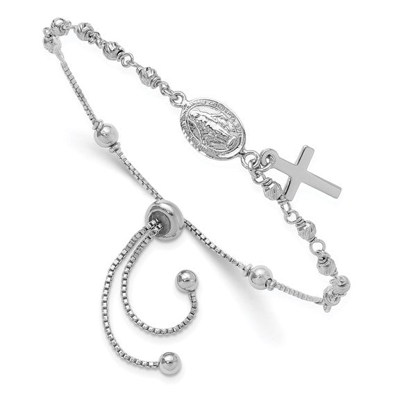 Sterling Silver Cross Dangle Rosary Adjustable Bolo Bracelet- Sparkle & Jade-SparkleAndJade.com QG6386