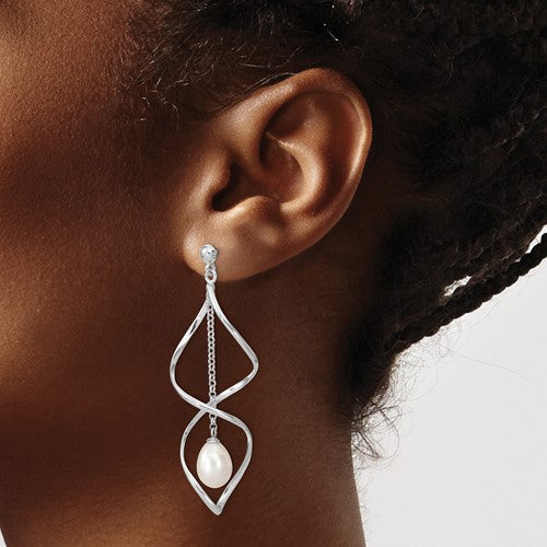 Sterling Silver Cultured Pearl Post Dangle Twist Earrings- Sparkle & Jade-SparkleAndJade.com QE13852