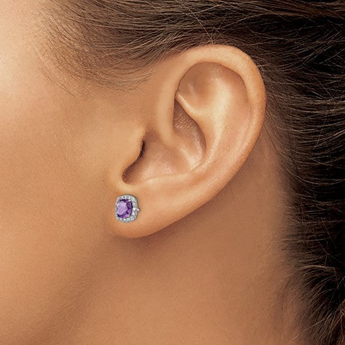Sterling Silver Cushion Amethyst & Created White Sapphire Halo Earrings- Sparkle & Jade-SparkleAndJade.com QE13982