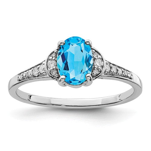 Sterling Silver Diamond & Genuine Oval Blue Topaz Ring- Sparkle & Jade-SparkleAndJade.com 