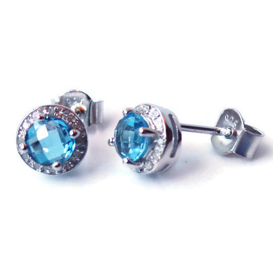 Sterling Silver Diamond & Swiss Blue Topaz Halo 8mm Stud Earrings- Sparkle & Jade-SparkleAndJade.com QE7735BT