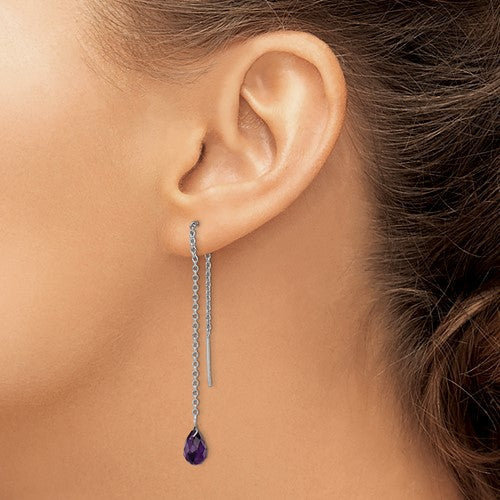 Sterling Silver Genuine Amethyst Briolette Bead Threader Earrings- Sparkle & Jade-SparkleAndJade.com QE9448