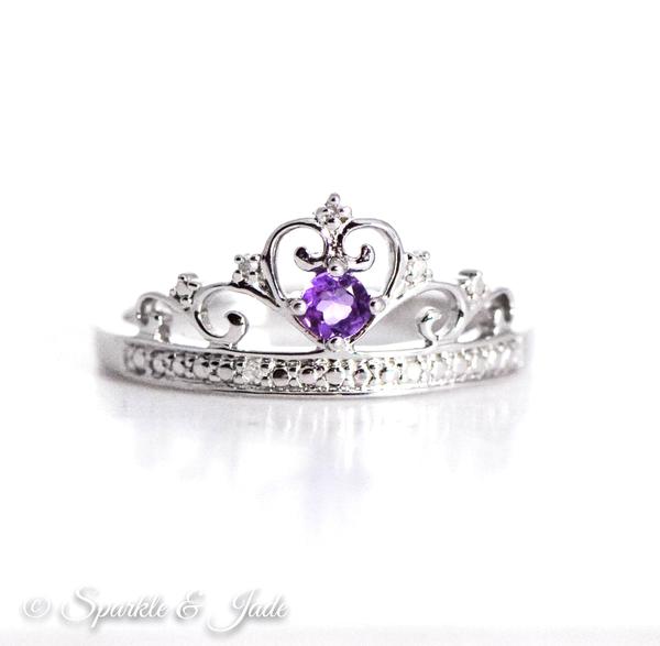 Sterling Silver Genuine Amethyst and Diamond Princess Crown Ring- Sparkle & Jade-SparkleAndJade.com 