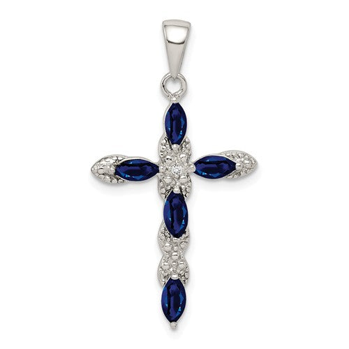 Sterling Silver Genuine Dark Blue Sapphire And Diamond Cross Pendant- Sparkle & Jade-SparkleAndJade.com QC5265