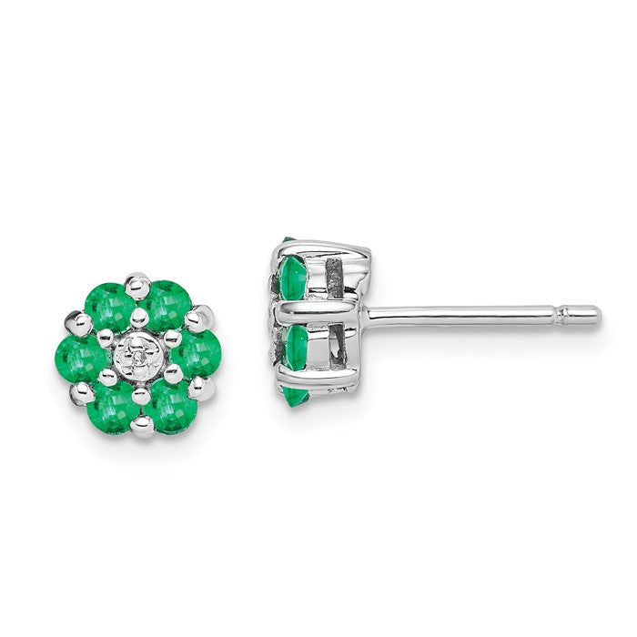 Sterling Silver Genuine Emerald And Diamond Center Flower Post Earrings- Sparkle & Jade-SparkleAndJade.com QDX318