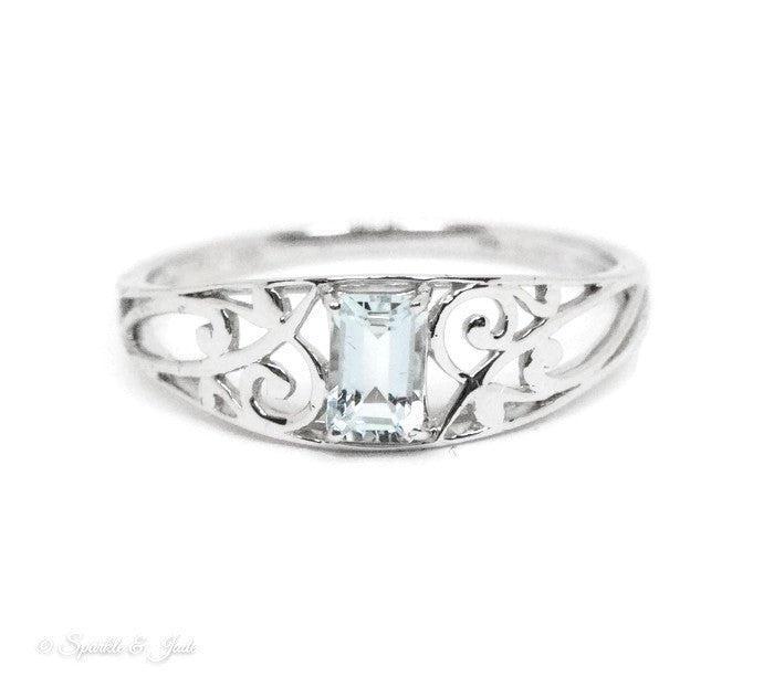 Sterling Silver Genuine Emerald Cut Gemstone Filigree Rings- Sparkle & Jade-SparkleAndJade.com 