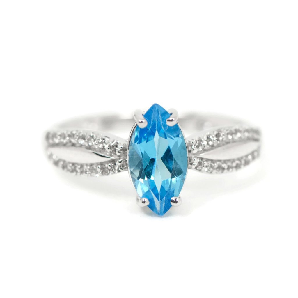 Sterling Silver Genuine Swiss Blue Topaz Marquise & White Topaz Ring- Sparkle & Jade-SparkleAndJade.com 