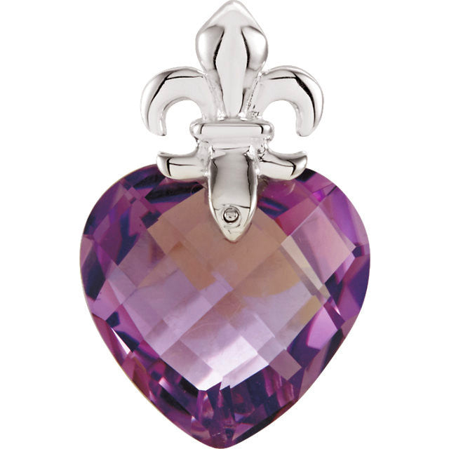 Sterling Silver Heart Amethyst with Fleur-de-lis Design Pendant- Sparkle & Jade-SparkleAndJade.com 68025:101:P