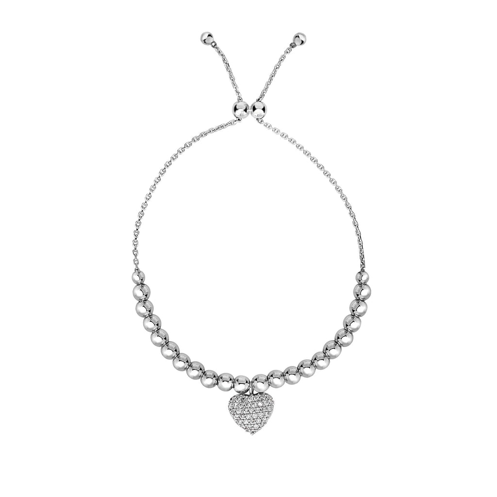 Sterling Silver Heart Bead CZ Charm Adjusable Bolo Bracelet- Sparkle & Jade-SparkleAndJade.com AGBRC1791-0925
